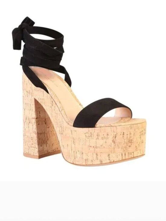 Gianvito Rossi Shoes - Gianvito Rossi size 39 9 Cork Platform Sandals Ankle Tie Strap Black Suede shoes